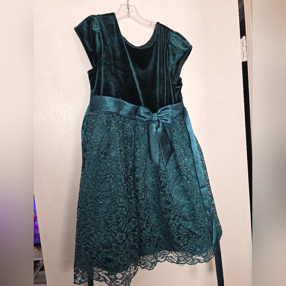 Jona Michelle Teal Velvet and Lace Kids Dress